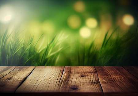 Wood table top close up, beautiful texture of green meadow grass with dew drops, abstract blur natural bokeh background - AI generated imageの写真素材