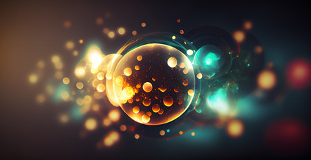 Dark panoramic background, bright yellow bokeh, glowing circles AI generated imageの写真素材