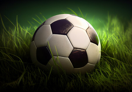 Classic soccer ball in a football stadium on a green lawn AI generated imageの写真素材