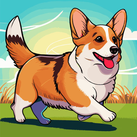 Realistic Corgi dog running on the grass - Vector illustrationのイラスト素材