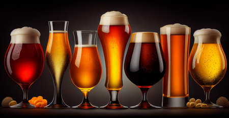 Many different types of beer in mugs and glasses AI generated imageの写真素材