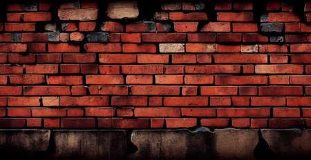 Panoramic texture, old ruined red brick wall AI generated image