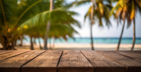 Old wooden table top against blurred panoramic beach with coconut palm leaves. Concept Vacation,...