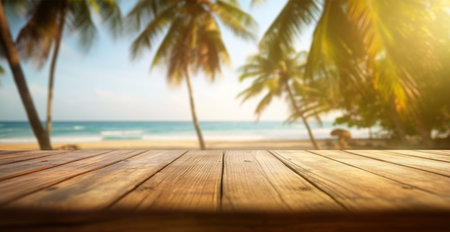 Old wooden table top against blurred panoramic beach with coconut palm leaves. Concept Vacation,...