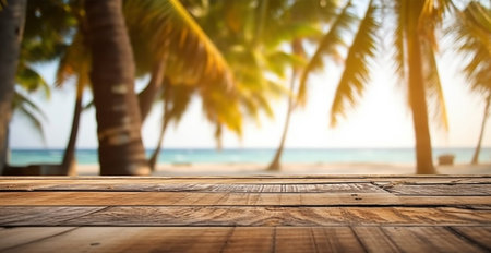 Old wooden table top against blurred panoramic beach with coconut palm leaves. Concept Vacation,...