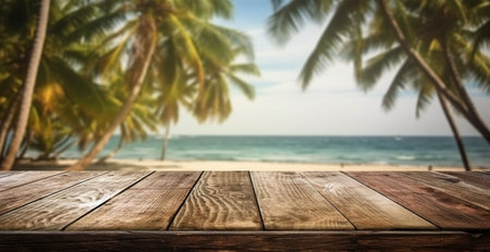 Old wooden table top against blurred panoramic beach with coconut palm leaves. Concept Vacation,...