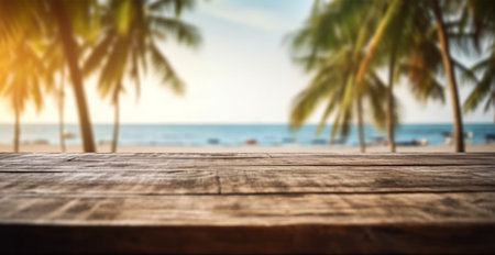 Old wooden table top against blurred panoramic beach with coconut palm leaves. Concept Vacation, Summer, Beach, Sea AI generated imageの写真素材