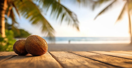 Old wooden table top against blurred panoramic beach with palm leaves and fresh coconuts. Concept Vacation, Summer, Beach, Sea AI generated imageの写真素材