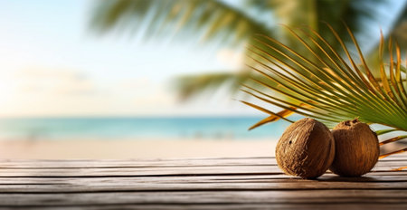 Old wooden table top against blurred panoramic beach with palm leaves and fresh coconuts. Concept...
