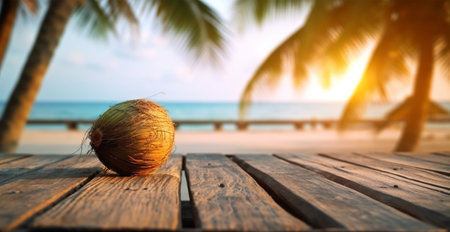 Old wooden table top against blurred panoramic beach with palm leaves and fresh coconuts. Concept Vacation, Summer, Beach, Sea AI generated imageの写真素材
