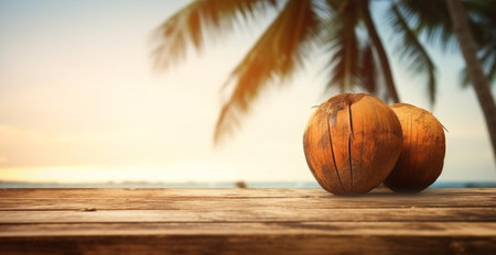 Old wooden table top against blurred panoramic beach with palm leaves and fresh coconuts. Concept Vacation, Summer, Beach, Sea AI generated imageの写真素材