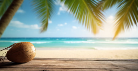 Old wooden table top against blurred panoramic beach with palm leaves and fresh coconuts. Concept Vacation, Summer, Beach, Sea AI generated imageの写真素材