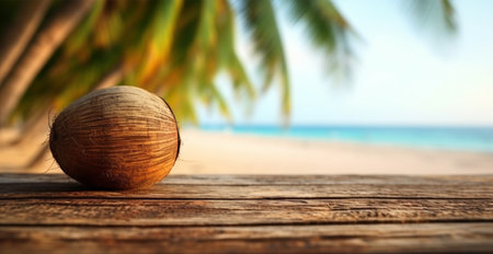 Old wooden table top against blurred panoramic beach with palm leaves and fresh coconuts. Concept Vacation, Summer, Beach, Sea AI generated imageの写真素材