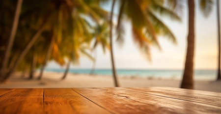 Old wooden table top against blurred panoramic beach with coconut palm leaves. Concept Vacation,...