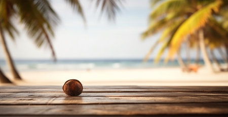 Old wooden table top against blurred panoramic beach with palm leaves and fresh coconuts. Concept Vacation, Summer, Beach, Sea AI generated imageの写真素材