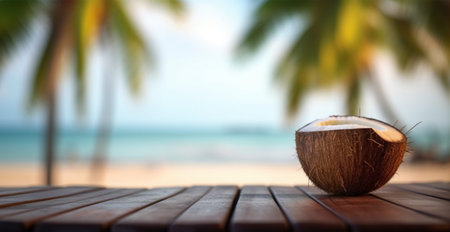 Old wooden table top against blurred panoramic beach with palm leaves and fresh coconuts. Concept...