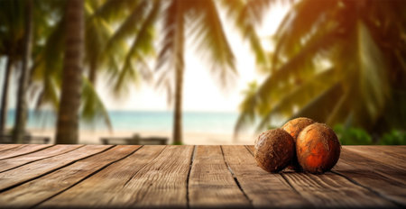 Old wooden table top against blurred panoramic beach with palm leaves and fresh coconuts. Concept Vacation, Summer, Beach, Sea AI generated imageの写真素材