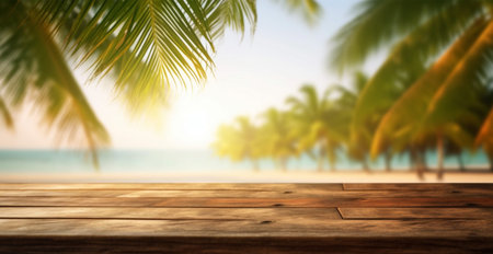 Old wooden table top against blurred panoramic beach with coconut palm leaves. Concept Vacation,...