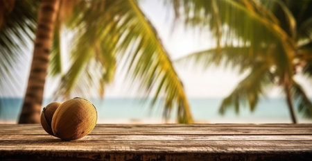 Old wooden table top against blurred panoramic beach with palm leaves and fresh coconuts. Concept Vacation, Summer, Beach, Sea AI generated imageの写真素材
