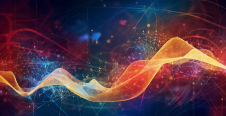 Colorful abstract wave lines running horizontally on dark background, digital world AI generated...