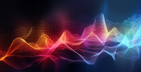 Colorful abstract wave lines running horizontally on dark background, digital world AI generated imageの写真素材