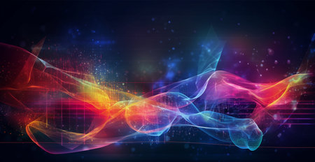 Colorful abstract wave lines running horizontally on dark background, digital world AI generated imageの写真素材