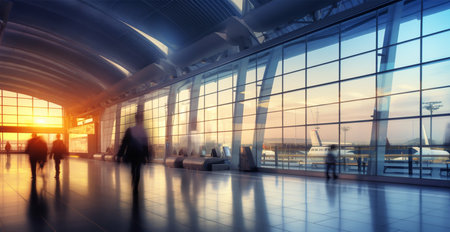 Airport building, international terminal, rushing people to land, blurred background AI generated imageの素材