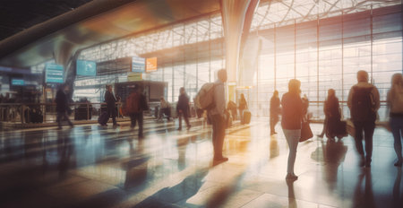 Airport building, international terminal, rushing people to land, blurred background AI generated imageの素材