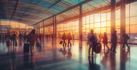 Airport building, international terminal, rushing people to land, blurred background AI generated imageの素材