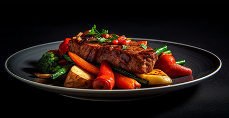 Cooked fresh beef with vegetables in a black plate, eating healthy, dark background AI generated imageの素材