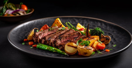 Cooked fresh beef with vegetables in a black plate, eating healthy, dark background AI generated imageの素材