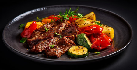 Cooked fresh beef with vegetables in a black plate, eating healthy, dark background AI generated imageの素材