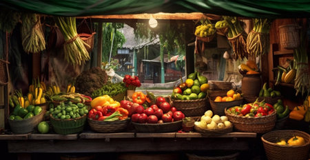 Vegetable farmers market stall, colorful various fresh organic healthy vegetables AI generated imageの素材