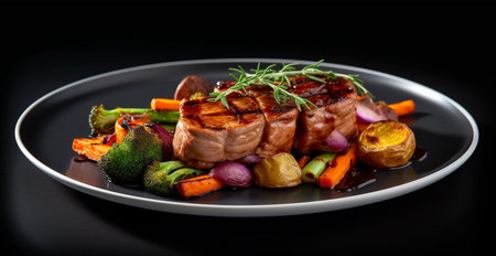 Fried pork tenderloin with vegetables in sauce, fresh thyme, herbs - AI generated imageの素材