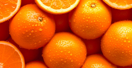 Realistic oranges. Oranges close-up, tropical pattern, fruit banner AI generated image