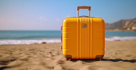 Summer travel and tourism, yellow suitcase on a beautiful sandy beach. Vacation Travel AI generated imageの写真素材