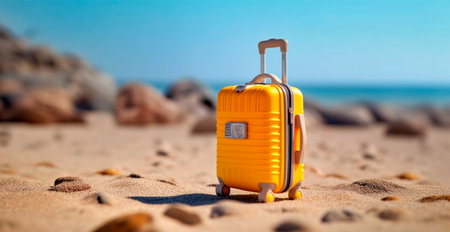 Summer travel and tourism, yellow suitcase on a beautiful sandy beach. Vacation Travel AI generated imageの写真素材