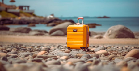 Summer travel and tourism, yellow suitcase on a beautiful sandy beach. Vacation Travel AI generated imageの写真素材
