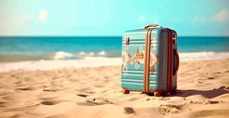 Summer travel and tourism, bright suitcase on a beautiful sandy beach. Vacation Travel AI generated imageの写真素材