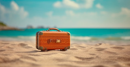Summer travel and tourism, bright suitcase on a beautiful sandy beach. Vacation Travel AI generated imageの写真素材