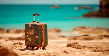 Summer travel and tourism, bright suitcase on a beautiful sandy beach. Vacation Travel AI generated imageの写真素材