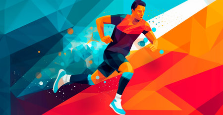 Abstract soccer player running with ball, bright color background AI generated imageの写真素材