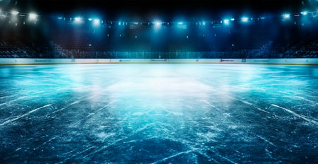 Hockey stadium, empty sports arena with ice rink, cold background with bright lighting AI generated imageの写真素材