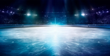 Hockey stadium, empty sports arena with ice rink, cold background with bright lighting AI generated imageの写真素材
