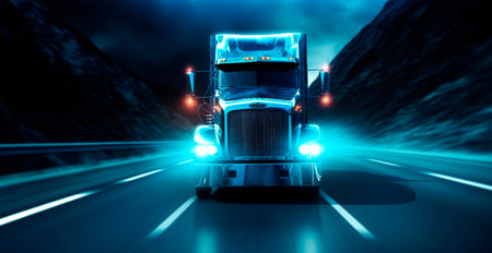 American style truck on the freeway, highway pulling cargo. Transport concept AI generated imageの写真素材
