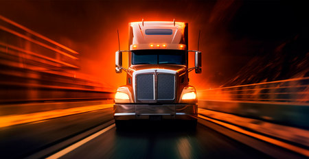 American style truck on the freeway, highway pulling cargo. Transport concept AI generated imageの写真素材