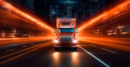 American style truck on the freeway, highway pulling cargo. Transport concept AI generated imageの写真素材