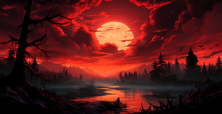 Many bats flying at bright red sunset, festive night of the dead, halloween AI generated imageの写真素材