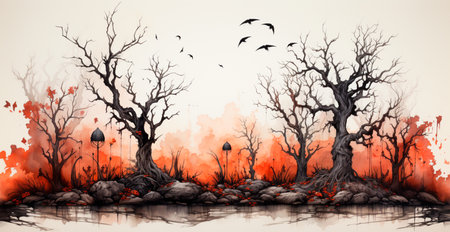 Gloomy misty forest, crooked scary trees AI generated imageの写真素材