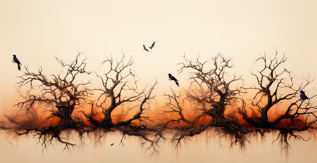 Gloomy misty forest, crooked scary trees AI generated imageの写真素材